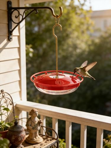 Watch Hummingbirds Up Close, 12 oz Hanging Hummingbird Feeder, Easy Fill and Clean, Leak-Proof Design for Outdoors, 9.4 Inches Tall，5 Flower-Shaped Feeding Ports and Perches