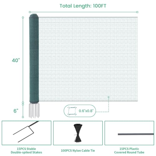 Non Electric Fence Netting 40" x100', Boundary Fence with Double Spiked Posts, Portable Poultry Fence All-Purpose Fencing for Dogs, Chickens, Ducks, Turkeys Suitable in Backyard, Garden, Farm