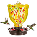 LUJII Rose Shaped Hummingbird Feeder for Outdoor Hanging, Hand-Blown Glass, 25 fl.oz, Leak-Proof and Rustproof, with Ant Moat and 5-Port Metal Cover, Yellow - color: Yellow