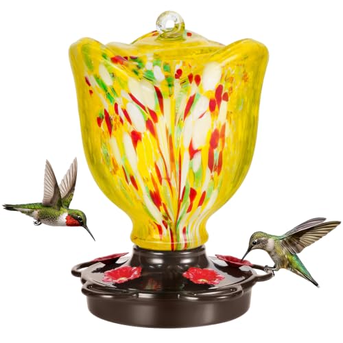 LUJII Rose Shaped Hummingbird Feeder for Outdoor Hanging, Hand-Blown Glass, 25 fl.oz, Leak-Proof and Rustproof, with Ant Moat and 5-Port Metal Cover, Yellow - color: Yellow