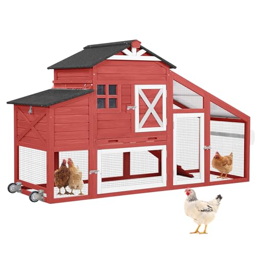 AIVITUVIN Chicken Coop with Nesting Box Mobile Chicken House on Wheels for 2-4 Chickens Rabbit Hutch Pull-Out Tray Wooden Poultry Cage Red - color: Red