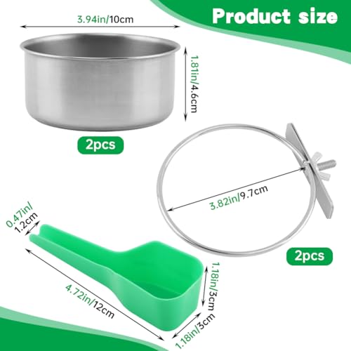 2Pcs Stainless Steel Bird Feeding Bowls with Feeding Spoon,Parrot Food Bowl Cage with Clamp Holder, Parrot Cage Water Feeder,for Cockatiel Parrot Macaw Small Animal Chinchilla