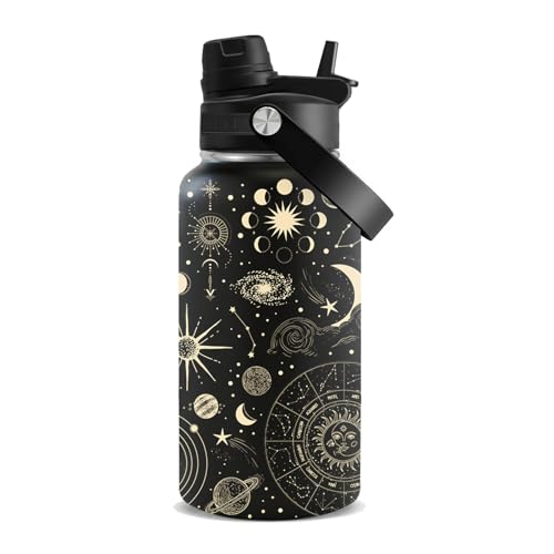 Sun Moon Gift for Women, 26oz Water Bottle with Handle for Girl Friends | Stainless Steel Insulated Tumbler with Handle & 2-in-1 Lid, Coffee Mug Insulated Travel Cup for Sports Birthday Gifts - color: SunMoon-Black