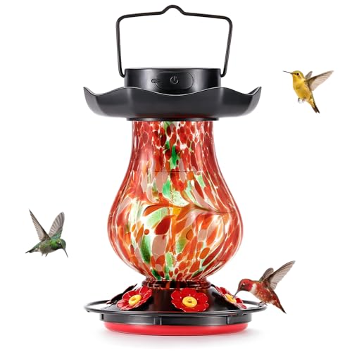 DesGully Solar Hummingbird Feeder for Outdoor - 25 fl.oz Hand Blown Glass Hummingbird Feeders for Outdoors Hanging, Large Capacity with Moat, 6 Colors Changing Light Outside Garden Decor (Red) - color: Red
