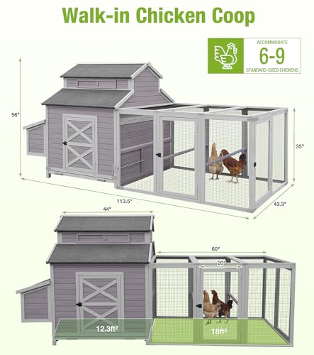 GUTINNEEN Extra Large Walk-in Chicken Coop with Run Waterproof UV Resistant Chicken House with Large Nesting Box 113.5" L Gray Outdoor Backyard Hen House - size: 113.5"L