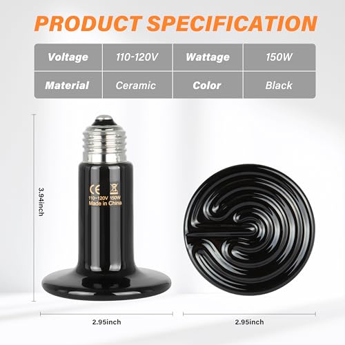 Simple Deluxe 150W Ceramic Heat Emitter 2 Pack Reptile Heat Lamp No Light Emitting Heat Bulbs for Amphibian Terrarium, Bearded Dragon Lizard Snake Turtle, Brooder Coop Incubating Chicken - size: 150 Watts, style: D-75mm-2 Pcs