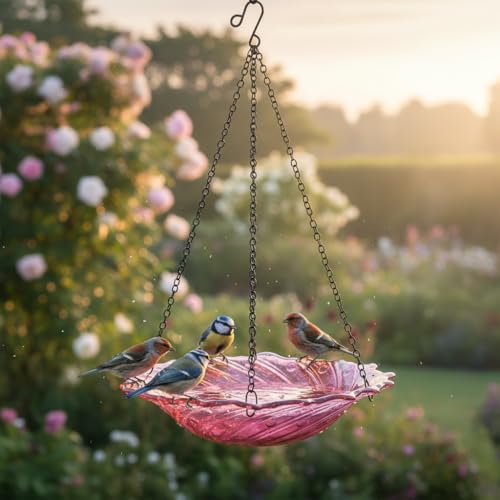 Bird Baths for Outdoors, 11" Pink Glass Birdbaths Outdoor Birdfeeder with Metal Stake - color: Pink with Hanging