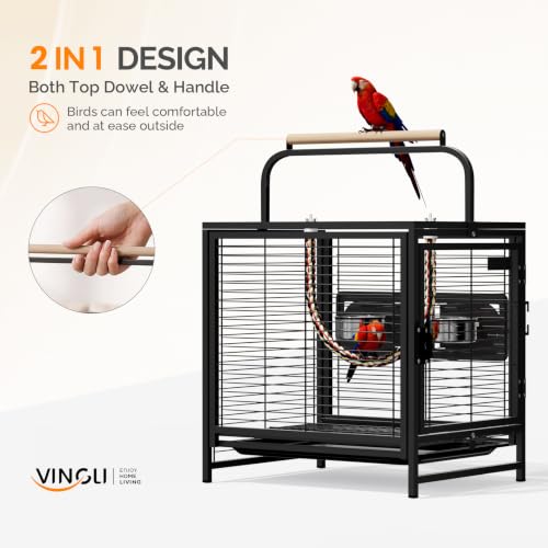 VINGLI Small Bird Cage, 19 inch Travel Carrier Bird Cage with Handle, Wrought Iron Parakeet Cage with Wooden Perch for Parrot Lovebirds Finches Small/Medium Birds (Matte Black) - color: Matte Black