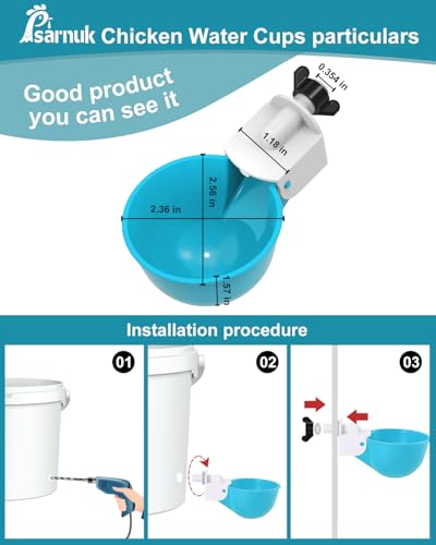Chicken Waterer Cups (8 Pack) with 3/8" Drill Bit - Light Blue | Automatic Poultry Drinker Feeder Kit for Chickens, Ducks, Turkeys, Quail, Bunnies | DIY Gravity Fed Bucket Water Dispenser - color: Light Blue, size: 8 Pack + Drill bit