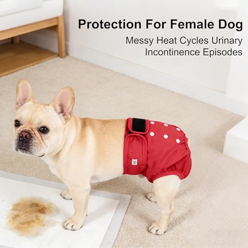 Female Dog Diapers - Reusable Diapers for Doggie in Heat - Highly Absorbent for Pet Incontinence with Adjustable Snaps (Pack of 3) Red, S