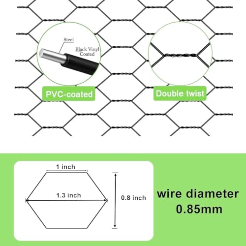 Black PVC Coated Hexagonal Chicken Wire Mesh, 1.31ft x 33.3ft Rustproof Galvanized Wire Net for Floral Arrangements DIY Crafts Chicken Coop Rabbit Garden Plant Protection Fencing