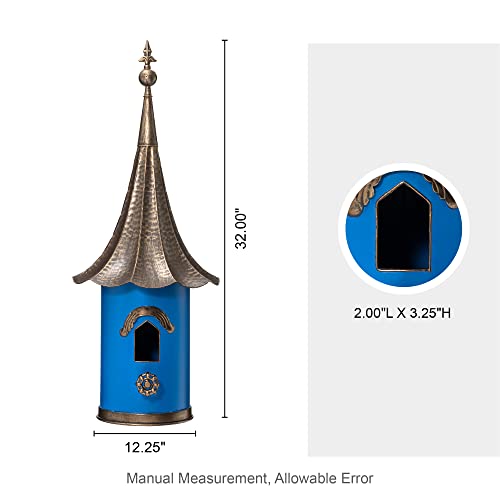 Glitzhome 32”H Metal Hanging Birdhouse for Outdoors Oversized Farmhouse Pagoda Painted Bird House with Bronze Roof for Bluebird Wren Chickadee Sparrow Bird Nest Box for Garden Patio, Retro Blue - color: Retro Blue