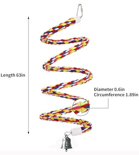 2Pcs 63'' Bird Rope Perches Birdcage Swing Toys 100% Cotton Natural Bird Perch Peck/Chewing with Bell Climbing Standing Bungee Parrot Toys for Small to Regular Size Parrot Cockatiel Birds - size: 63'x2pcs