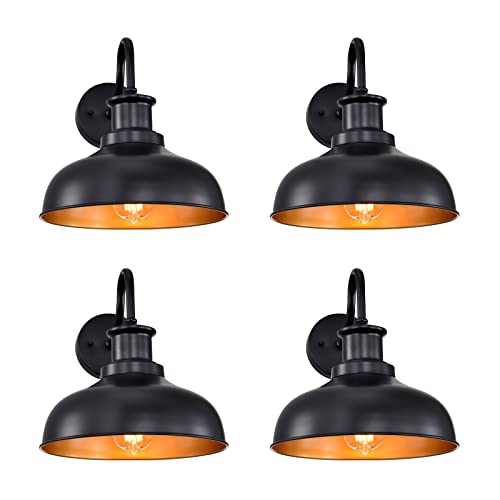 Outdoor Barn Lights, Farmhouse Outdoor Wall Sconces, Rustic Exterior Wall Mount Lights, Vintage Outside Lighting Fixtures, Industrial Black Gold Lanterns for Porch Garage Patio, 4 Pack - color: Black+Gold, size: 03RZ007-4 PACK(Not Dusk to Dawn)