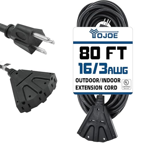 YOJOE 3-Outlets Indoor Outdoor Extension Cord, 3 Prong 10A Weatherproof Power Cord Multiple Outlets, 16 Gauge Heavy Duty 80 ft Black Extension Cord for Garage, Garden, 16/3 SJTW UL Certified - color: Black, size: 80 Foot, style: Standard