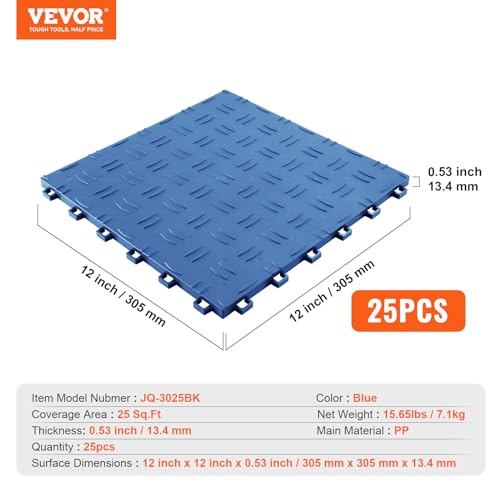 VEVOR Garage Floor Tiles 12 x 12 x 0.53 inch, Interlocking Design Ease of Installation Double-Sided Texture Non-Slip Sturdiness, for Garages, Basements, Repair Shops, Blue, 25 Pack | Easy Installation Double-Sided Texture Non-Slip Sturdiness, Polypropylen