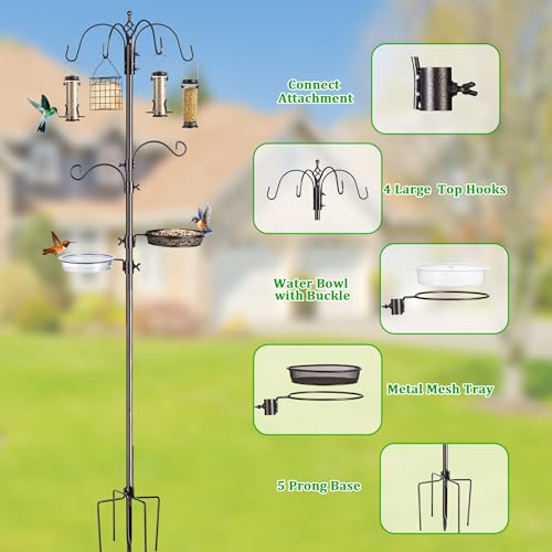 Bird Feeding Station Kit, 94-Inch, 6-Hook Metal Bird Feeder Pole | Bird Bath Bowl, Mesh Seed Tray, Freestanding 5-Prong Base, Removable Parts, Easy Assembly, for Patio, Lawn and Garden - size: 94 Inches without Squirrel Baffle