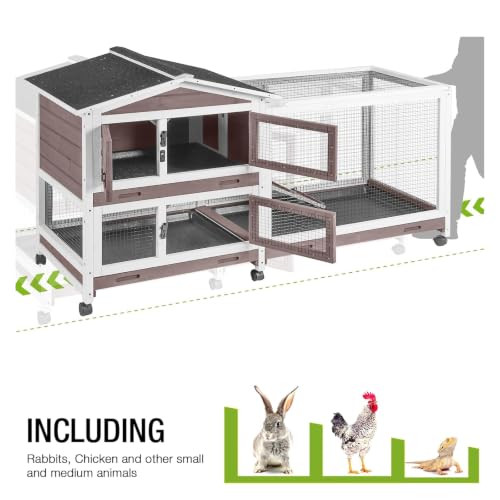 GUTINNEEN Rabbit Hutch with Chew-Resistant Ramp Indoor Bunny Cage Outdoor Guinea Pig Cage with Wheels and Leakproof Tray - size: 62.0"L x 22.6"W x 33.5"H