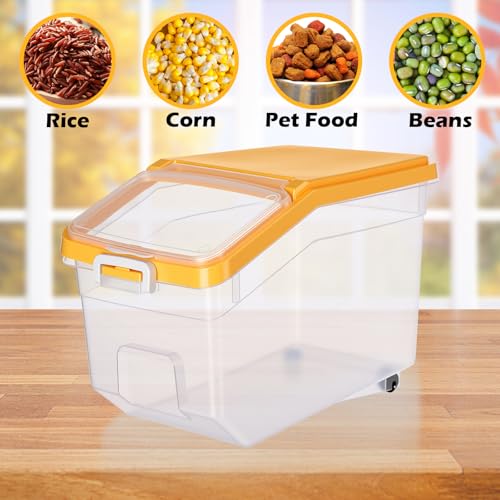 4 Pcs Rice Storage Container 28 lb Airtight Flour Container with Wheels Measuring Cup Clear Pet Dog Birds Cat Food Bin Grain Cereal Organizer Box for Dry Baking Supplies(Yellow Lid) - color: Yellow Lid, size: 28 lb