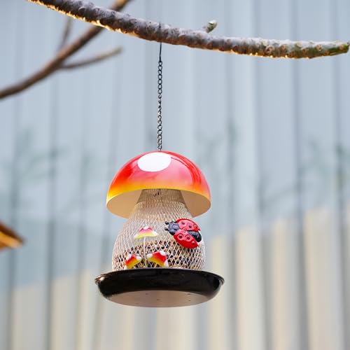 Mushroom & Ladybug Metal Bird Feeder - 16" Hanging Wild Bird Feeder with Decorative Accents, Large Capacity Outdoor Birdfeeder for Cardinals and Songbirds, Perfect Garden Gift
