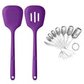 U-Taste 600ºF Heat Resistant Silicone Turners, 13.6in Long Solid & Slotted Kitchen Spatula, and 18/8 Stainless Steel Square Measuring Spoons Set of 8 (Purple+Silver)