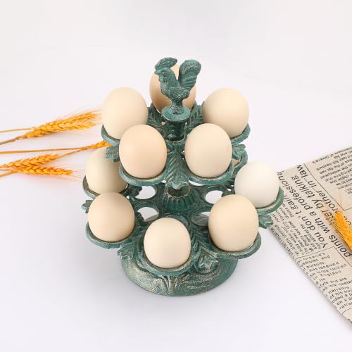 Cast Iron Egg Holder Countertop -12 Eggs Storage Display Rack(Patina Green) | Heavy Duty Egg Holder for Kitchen Dinning Decor & Easter Eggs Display, Retro Egg Rack - color: Patina Green