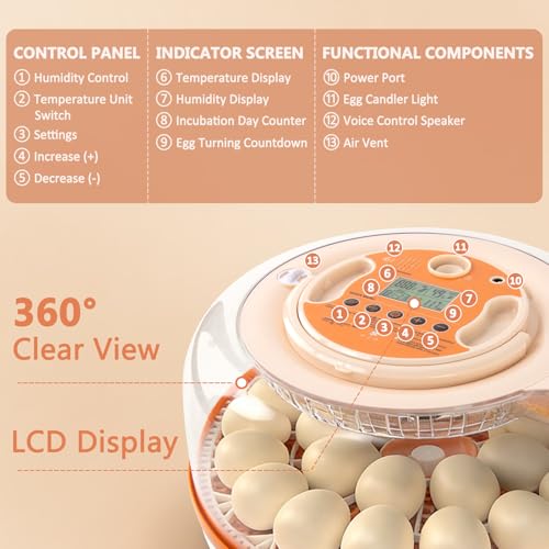 26 Voice-Controlled Incubator for Hatching Eggs, Temp & Humidity Control | 2 Egg Trays for 26 Chicken/59 Quail Eggs, Auto Egg Turning, Egg Candler, Temp & Humidity Alarm, High Hatch Rate, Easy to Use