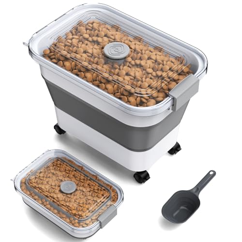 Dog Food Storage Container, 15-23 Lbs Collapsible Dog Food Container with Transparent Airtight Lid, Wheels and Scoop, Travel Pet Food Storage Container for Cat, Dog and Bird, Keep Dry Food Fresh - color: Grey
