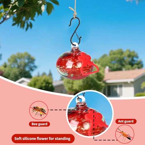 Pozfun Small Hummingbird Feeders for Outdoors Hanging,Hand-Blown Glass Hummingbird Feeder with Silicone Feeding Perch,Never Leak,Gardening Gifts for Woman Man(Red) - color: Red