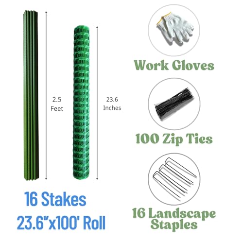 23.6" x 100', Green, Plastic Garden Fence with Stakes, Strength | Reusable HDPE Mesh, Construction & Outdoor Use, Easy to Install, Rust Free, Flexible Design, Cut to Fit, Easy to Roll & Store - color: Green, size: 23.6'' x 100'
