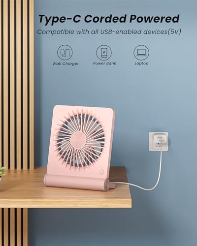 Koonie USB Desk Fan, Strong Wind Ultra Quiet Small Mini Fan | 220° Tilt Folding & 3 Speeds Adjustable, USB-C Powered Personal Fan for Home Office Desktop, Pink, NO BATTERY - color: Pink, size: 5.7 inch
