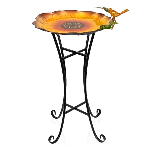 Alpine Corporation ORS882 Outdoor Metal Birdbath w/ Stylish Stand, Sunflower Birdbath Bowl and Stand Set, 29"H, Yellow/Green - color: Yellow/Green