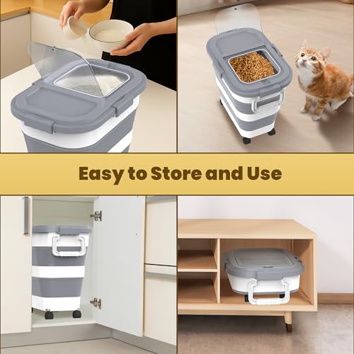 HOYTAMDA 25-35Lbs Rice Container,Collapsible Food Storage Container Wheels | Rice Storage Container with Airtight Locking Lid,Handle,Small Bin &Scoop,Rice Dispenser for Flour Sugar Cereal Grain Dog Cat - color: Grey/25-35lbs