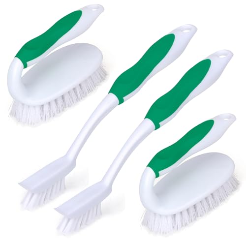 Scrub Brush Set, 4 Pack Deep Cleaning Brush Kit, Green | 2 Scrub Brush, 2 Tile & Grout Brush with Built-in Scraper, Household Commercial Scrubber for Floor, Shower, Pool Wall, Tub - color: Green