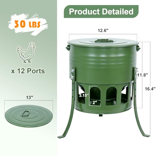 30lbs Metal 12-Port No-Waste Chicken Feeder with Legs | Chicken & Poultry Feeder with Powder-Coated Rust-Proof Finish, Ideal for Chickens Ducks Geese, Backyard Farms, Avocado Green - color: Avocado Green