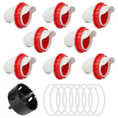 DIY Chicken Feeder Ports, 8 Ports Chicken Feeder No Waste, DIY Automatic Poultry Feeder Cups Kit, Rain Proof Gravity Feeder Port with Hole Saw for Buckets Barrels Bins Troughs