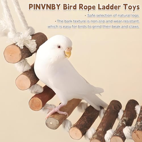 PINVNBY Bird Parakeet Toys, Bird Rope Ladder Swing Hammock Toys, Made of Natural Wood and Rope, Parakeet Cage Accessories for Parrot Budgie Conure Cockatiel (2 PCS) - color: Brown