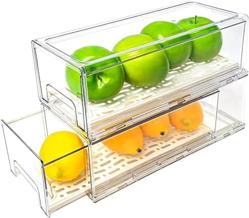 2 Pack Stackable Refrigerator Drawers Pull Out Bins Clear Fridge Drawer Organizer Food Storage Containers Plastic Veggie Fruit Produce Saver for Pantry Kitchen Freezer(M) - style: 2pack-M