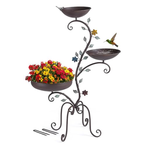 37" H Bird Bath Feeder and Planter for Outdoors Metal 3-in-1 | Birdbaths Stand Vintage Pedestal Bird Bowl for Outside Garden Yard Patio Lawn Decor
