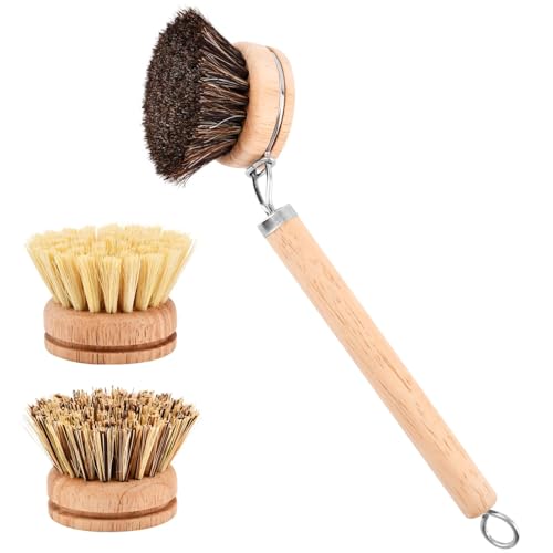 Bamboo Dish Brush with Handle, 3 Natural Bristle Heads | (Horsehair, Sisal, Palm) Replaceable Heads, Wooden Dish Brush for Washing and Cleaning Pot Pan Bowl