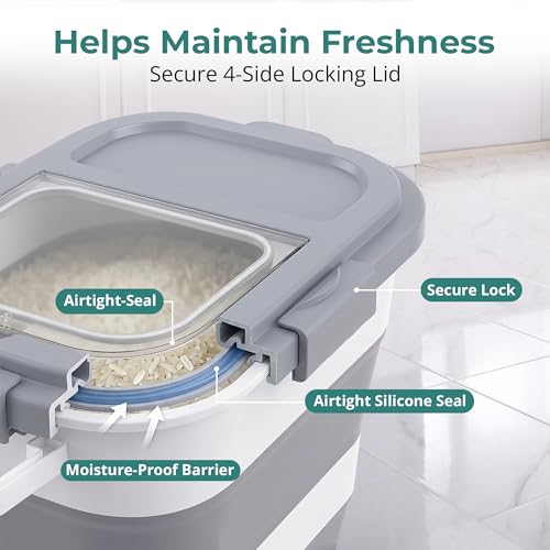 Home & Hearthly Collapsible Rice Storage Container 25–35 lbs, Airtight, Space-Saving Food Storage Bin with Wheels and Measuring Cup, Easy-Pour Grain Dispenser for Rice, Flour and Pet Food