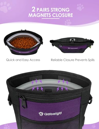 4 Cup Dog Treat Pouch with Silicone Insert Bag& Clicker(Purple) | 2 Pair Magnetic Closures, Belt Clip/Waist Belt/Crossbody Wear, Zipper Pocket Poop Bag Holder for Pet Training/Daily Walking - color: Purple