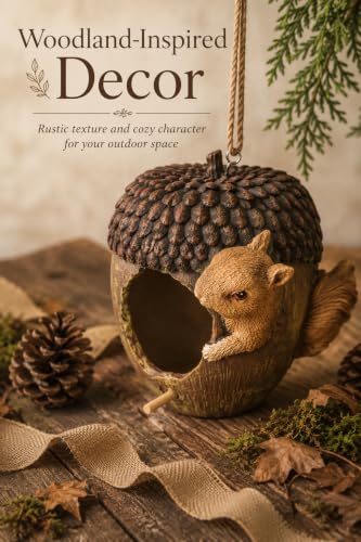 Acorn Bird House for Outside, Hand-Painted Resin Hanging Birdhouse with Squirrel, Weather-Resistant Decorative Bird House for Garden, Patio, Yard & Porch - style: Acorn