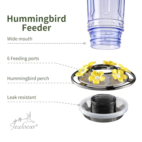 Jealoeur 2 Pack Hummingbird Feeder for Outdoors Hanging, 18 OZ Humming Birds Feeders with 6 Bee Guard Feeding Ports & Built-in Ant Moat, Easy to Clean, Durable Outdoor Garden Decor (Blue 2 Pack-BB) - color: Blue BB