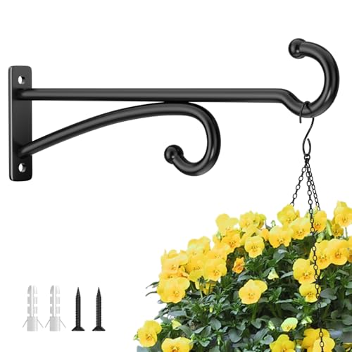 12" Plant Hanger Hook Outdoor Indoor – Planter Hooks for Hanging Plants, Plant Wall Hooks, Brackets for Hanging Plants, Baskets, Wind Chimes, Bird Feeders, Lanterns, Bird Houses (Black, Metal, 2-Pack) - color: Black, size: 12 Inch