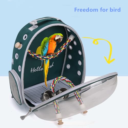 Bird Traval Carrier Cage Backpack for Carry Parakeet Cockatiel Parrot | Multi Vent Holes Clear Space Capsule Astronaut with Metal Tray Wood Perch, Vet Transport Book Bag (Green)
