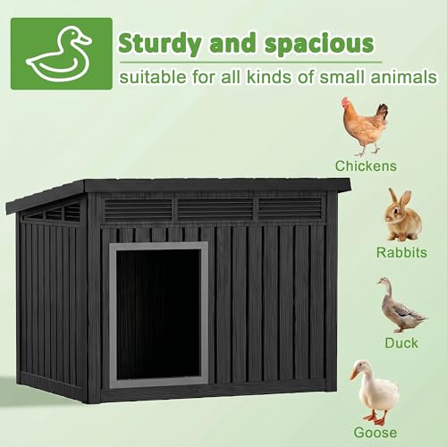 VIXZEN Chicken Coop, Resin PP Material Outdoor Duck House, Wood Grain Finish Sloped Roof Poultry Shelter, Gas Strut Top Opening Ventilated Duck Coop with Spacious Interior & Easy Assembly，Black - color: Black, size: 32.2"L x 25.1"W x 24.1"H