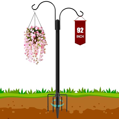 Ottsuls Double Shepherds Hooks for Outdoor, 92 Inch Bird Feeder Pole with 5 Prong Base, Upgrade 1 INCH Thick Heavy Duty Planter Hook for Hanging Baskets, Lantern,1 Pack - size: 92 IN