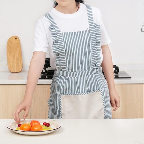 Cute Cotton Apron for Women, Adjustable Bib Cooking Kitchen Aprons with Pockets for BBQ Drawing Baking - color: Blue