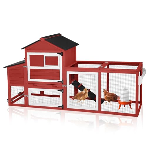 GUTINNEEN Mobile Chicken Coop with Wheels for 2-4 Chickens, Expandable Wooden Hen House with Divided Nesting Box, Reinforced Coop Balcony, Roosting Perch, Metal Pull-Out Tray, 82.4" L (Red) - color: Red, size: 80.7"L x 22.0"W x 44.1"H